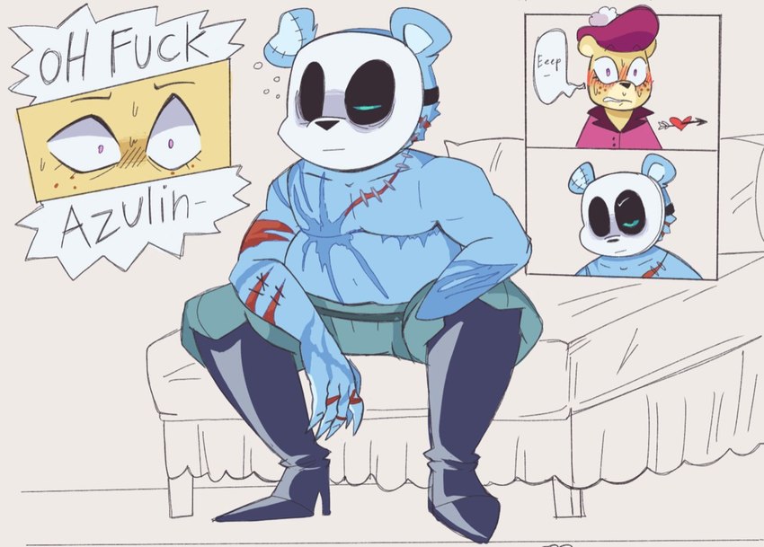 anthro bed blue_body blush dialogue duo furniture mask scar sitting surprise text tired sketchyvillain unicorn_wars azulin_(unicorn_wars) cabo_pompon_(unicorn_wars) bear mammal 2023 english_text