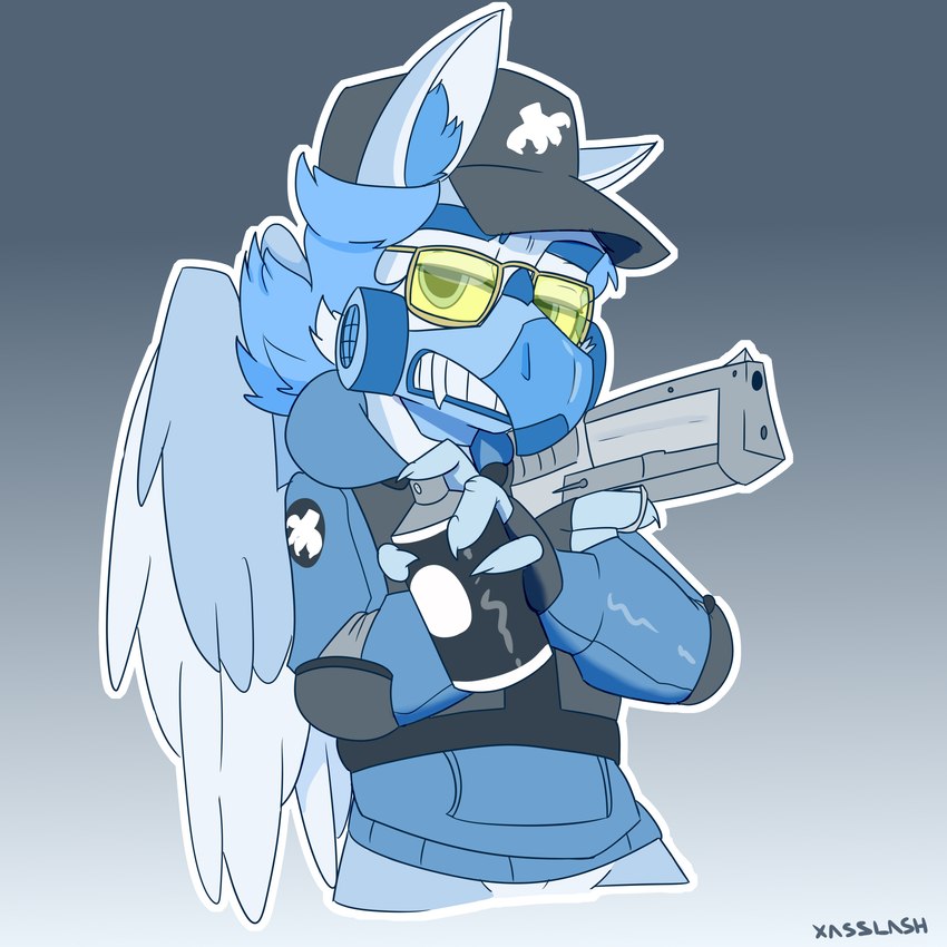 armor clothing eyewear feral flynn_icecold_(xasslash) gas_mask glasses gun handgun hat headgear headwear male mask pistol ranged_weapon simple_background solo weapon xasslash fallout_equestria friendship_is_magic hasbro my_little_pony mythology avian gryphon mythological_avian mythological_creature 1:1 absurd_res half-length_portrait hi_res portrait