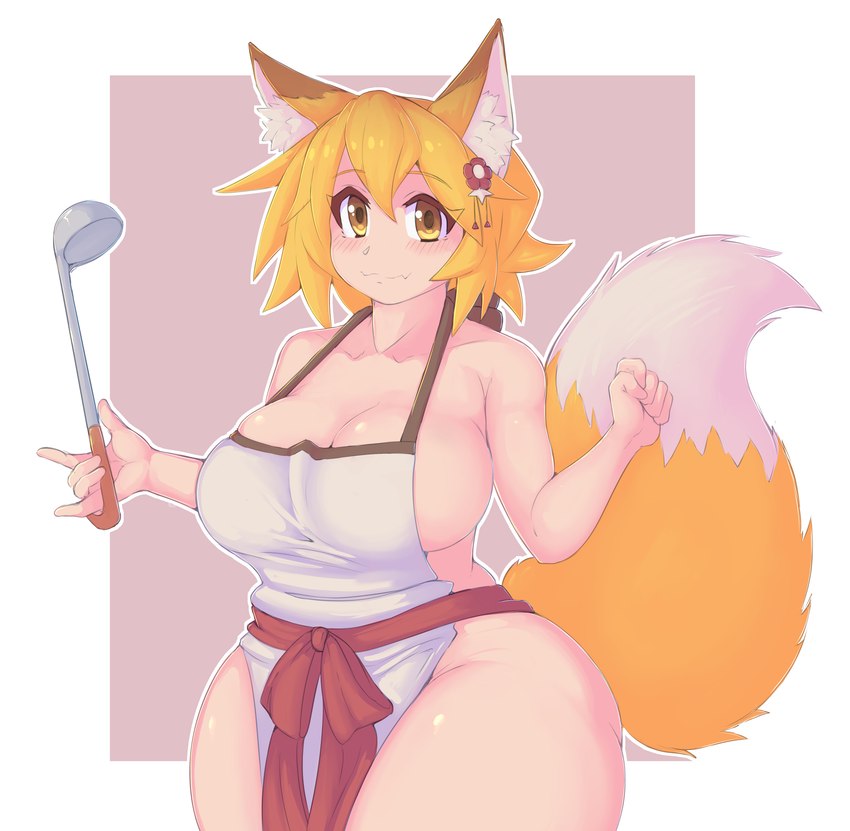 5_fingers amber_eyes apron apron_only big_breasts blonde_hair blush breasts clothing curvy_figure female fingers fluffy fluffy_tail hair holding_object huge_breasts huge_thighs kitchen_utensils ladle looking_at_viewer mostly_nude simple_background smile solo tail thick_thighs tools voluptuous wide_hips kittenboogers sewayaki_kitsune_no_senko-san senko-san animal_humanoid canid canid_humanoid canine canine_humanoid fox_humanoid humanoid mammal mammal_humanoid 2021 hi_res