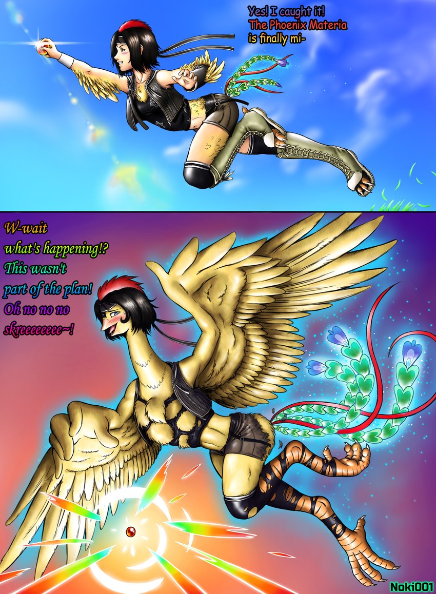 ambiguous_gender avian_feet beak black_hair blue_sky blush bottomwear claws clothing cloud detailed_background feathers hair mid_transformation open_mouth orb rainbow_colors shorts sky solo torn_clothing torn_shoes transformation wings yellow_body yellow_feathers noki001 hi_no_tori osamu_tezuka phoenix_(hi_no_tori) yuffie_kisaragi human mammal absurd_res hi_res