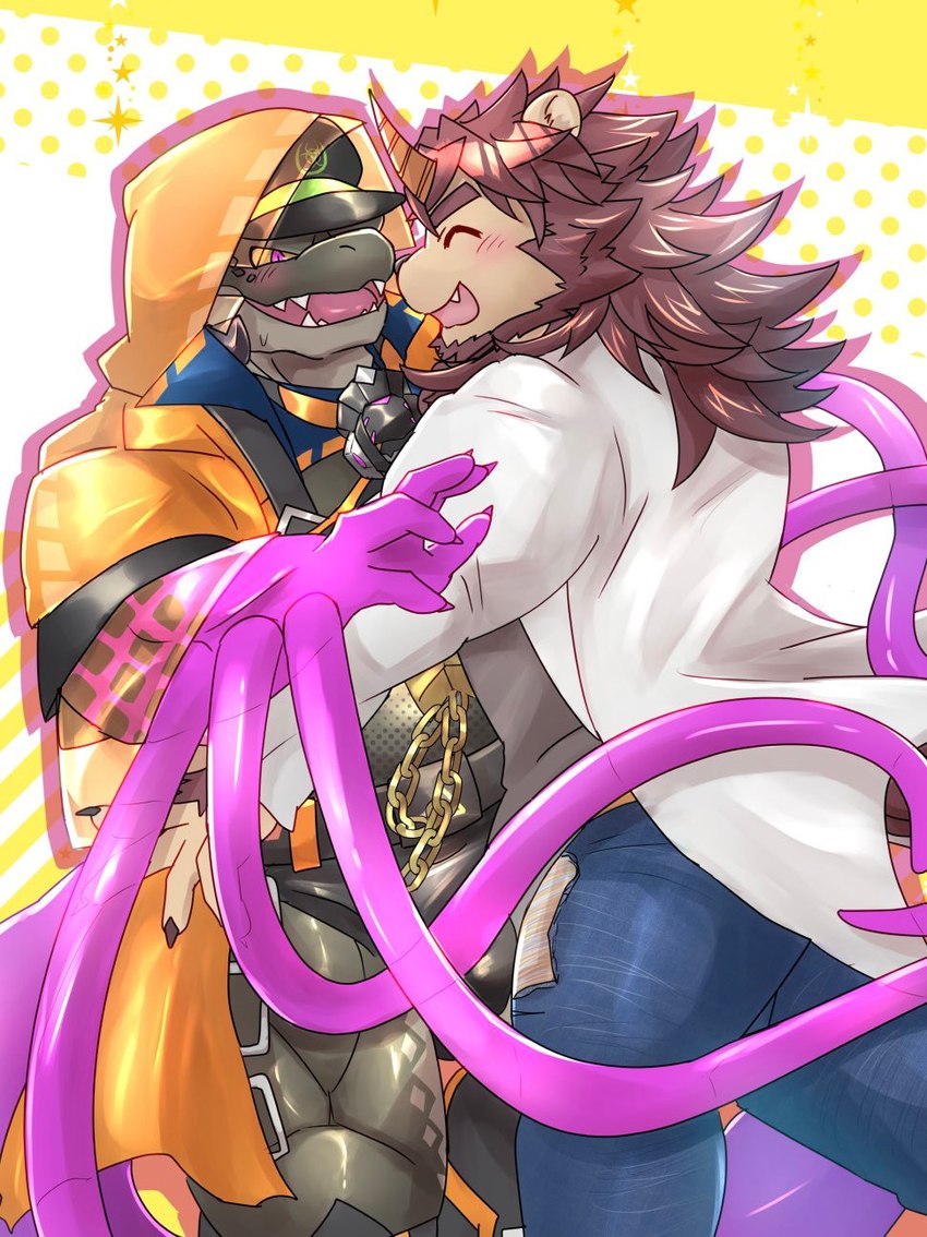 anthro blush brown_body brown_fur brown_hair duo fur hair horn hug male male/male mane muscular muscular_anthro muscular_male purple_eyes tentacles yellow_sclera alli_paeonia iranian_mythology lifewonders middle_eastern_mythology mythology tokyo_afterschool_summoners hastur_(tas) pazuzu_(tas) felid lion mammal manticore pantherine scalie hi_res