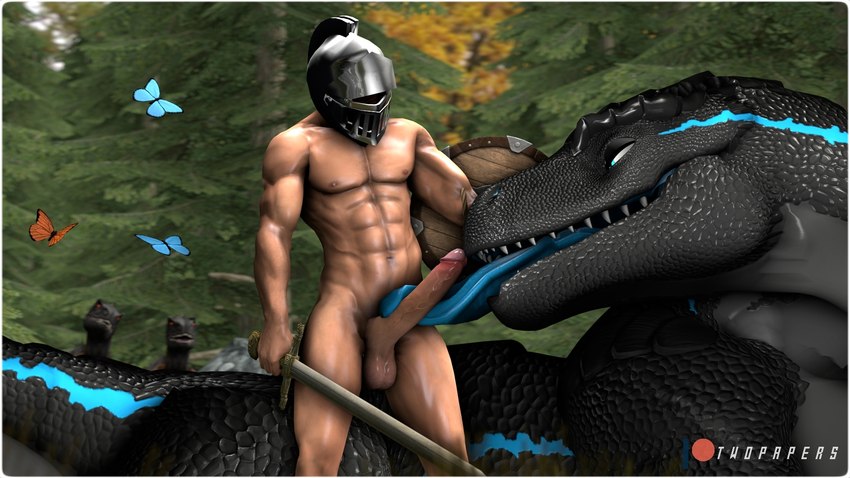 armor balls bestiality blue_eyes blue_markings blue_tongue duo female feral forest genital_danger_play genitals grey_body hand_on_head headgear helmet human_on_feral interspecies larger_feral licking looking_down male male/female male_on_feral markings melee_weapon muscular muscular_male open_mouth oral penile penis penis_lick plant sex sharp_teeth shield size_difference smaller_human standing sword teeth tongue tongue_out tree weapon twopapers ziina ambient_arthropod ambient_butterfly ambient_insect arthropod butterfly dinosaur human insect lepidopteran mammal prehistoric_species reptile scalie 16:9 3d_(artwork) digital_media_(artwork) hi_res widescreen