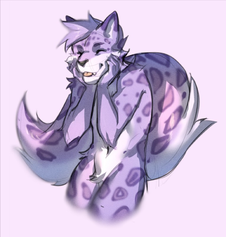 anthro black_nose eyes_closed fingers fur hair male markings purple_hair purple_spots smile solo spots spotted_body spotted_fur tongue white_body white_fur gonewiththefart felid leopard mammal pantherine digital_media_(artwork)