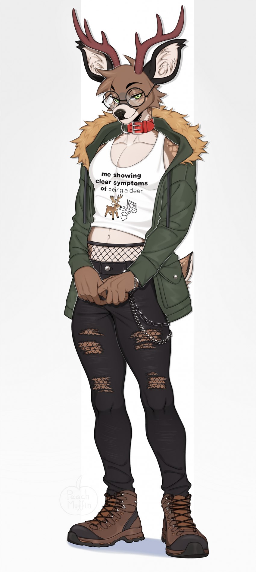 anthro chain clothing collar eyewear glasses male muscular muscular_male pecs shirt solo tank_top text topwear torn_clothing peachmuffin mori_redford deer mammal absurd_res english_text hi_res