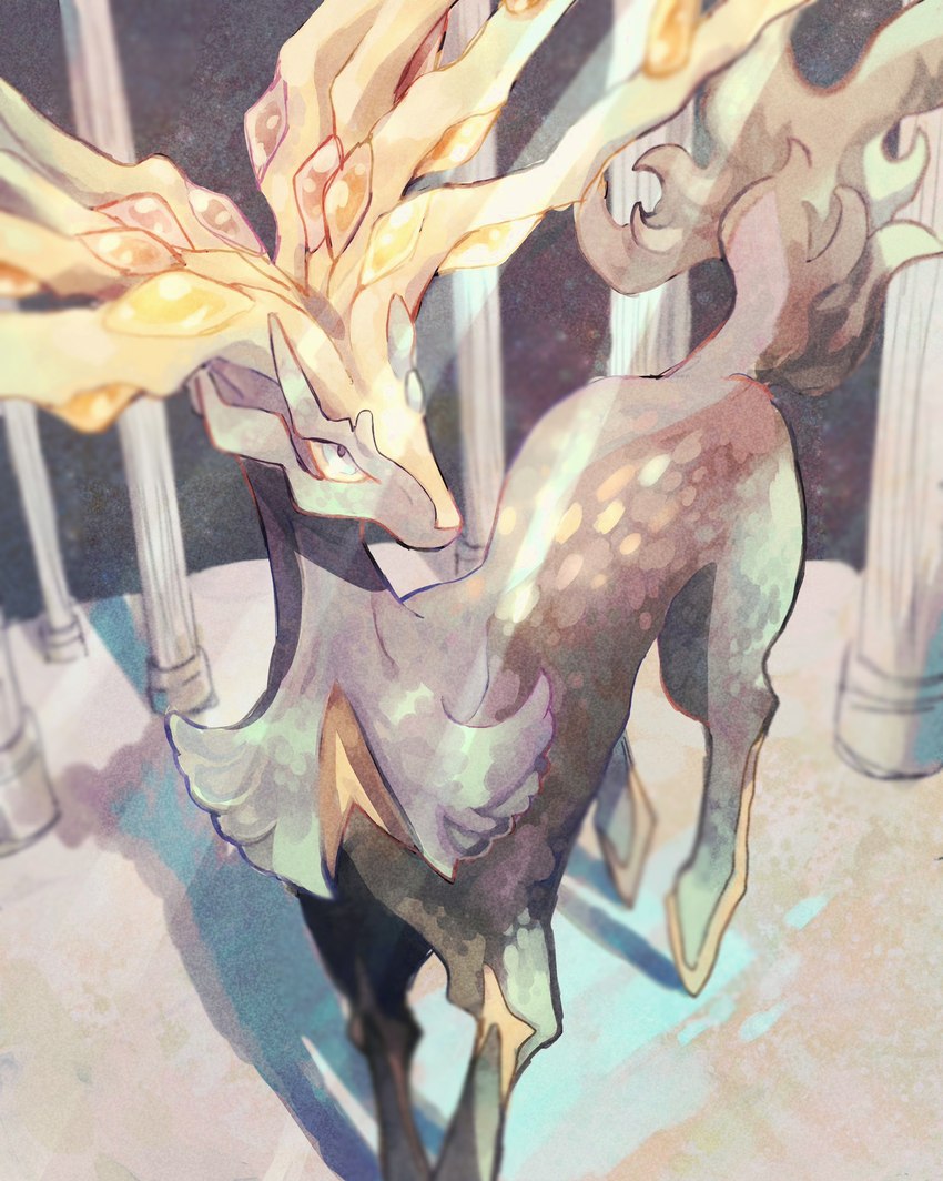 antlers blue_eyes column feral horn quadruped solo wood_sora nintendo pokemon generation_6_pokemon legendary_pokemon pokemon_(species) xerneas xerneas_(active_mode) hi_res