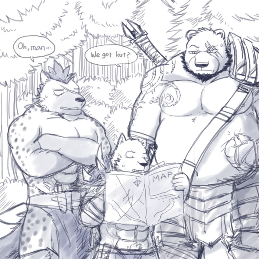 anthro armor belly big_belly bottomwear clothing group humanoid_hands kemono loincloth male map moobs muscular muscular_male navel outside overweight overweight_male scar size_difference text mtflying30371 bear canid canine canis hyena mammal wolf 1:1 2016 comic english_text