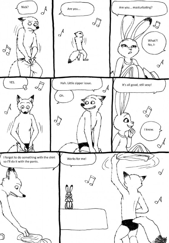 anthro awkward clothing dancing dialogue duo fur male music musical_note musical_symbol simple_background smile spandex speech_bubble striptease symbol text tight_clothing wardrobe_malfunction white_background bernielover disney zootopia judy_hopps nick_wilde canid canine fox lagomorph leporid mammal rabbit red_fox true_fox comic english_text hi_res monochrome