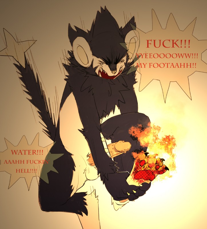 anthro anthrofied biped burning erection feet fire genitals hindpaw jumping male pain pawpads paws penis pokemorph solo teeth text yelling seikokun nintendo pokemon felid generation_4_pokemon luxray mammal pokemon_(species) shiny_pokemon english_text hi_res