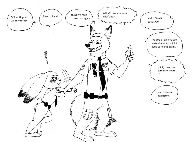 angry anthro blush clothed clothing dialogue duo ears_down female fur male open_mouth pivoted_ears police police_uniform simple_background smile speech_bubble teeth text uniform white_background bernielover disney zootopia judy_hopps nick_wilde canid canine fox lagomorph leporid mammal rabbit red_fox true_fox black_and_white english_text monochrome