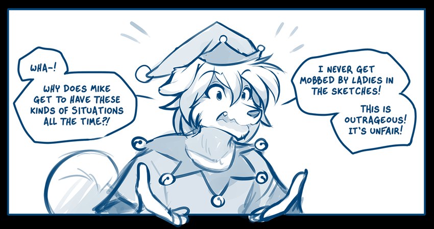 annoyed anthro bell christmas_clothing clothing dialogue elf_outfit hat headgear headwear holidays male open_mouth simple_background solo speech_bubble text white_background conditional_dnp tom_fischbach christmas twokinds evals canid canine canis domestic_dog keidran mammal 2024 adobe_photoshop_(artwork) alpha_channel blue_and_white digital_media_(artwork) english_text monochrome sketch