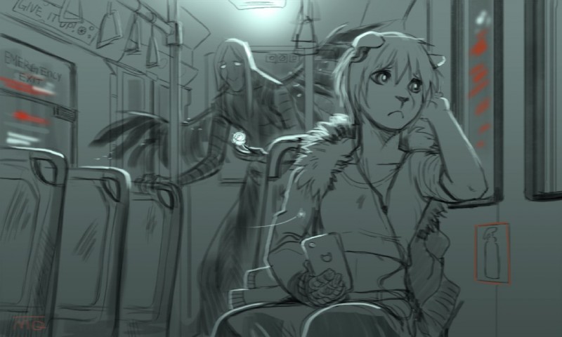 anthro bus clothed clothing commercial_vehicle duo electronics headphones inside_bus male public_transportation sitting social_anxiety standing vehicle vehicle_for_hire melloque canid canine demon mammal monochrome