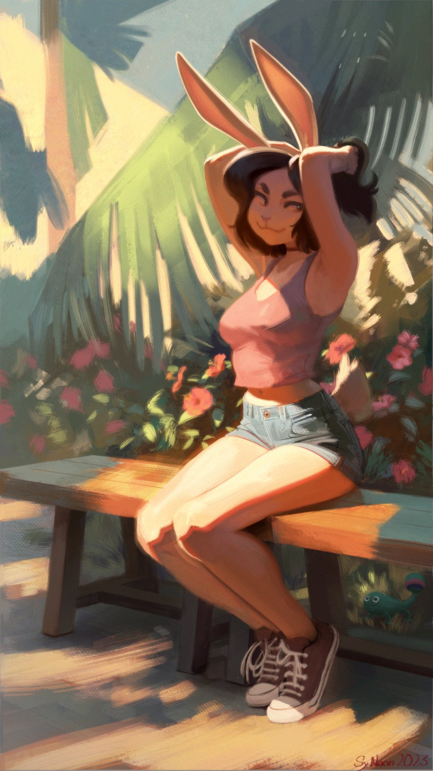anthro bench blue_bottomwear blue_clothing blue_shorts bottomwear breasts brown_eyes brown_hair choker closed_smile clothed clothed_anthro clothed_female clothing crop_top day detailed_background eyebrows female feral flower footwear fur furniture grass hair hotpants jewelry long_ears midriff mouth_closed navel necklace outside palm_tree pink_nose plant ponytail raised_arms red_text scut_tail shirt shoes short_tail shorts shrub sitting smile solo tail tan_body tan_fur tank_top text thick_eyebrows topwear tree tying_hair wood wood_bench wood_furniture sy_noon lagomorph leporid lizard mammal rabbit reptile scalie 2023 artist_name dated hi_res