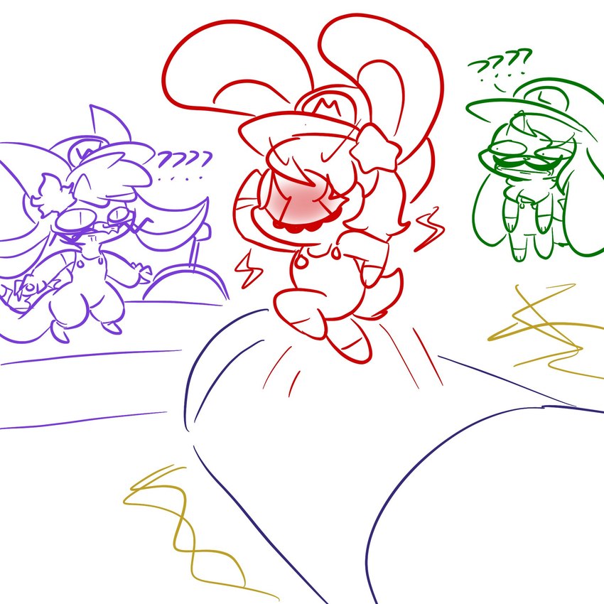 anthro facial_hair female group male mustache running scut_tail short_tail star tail trio lewdchuu_(artist) mario_bros mario_party mythology nintendo luigi mario pyon_(lewdchuu) wario canid canine canis domestic_dog dragon lagomorph leporid mammal mythological_creature mythological_scalie rabbit scalie 1:1 hi_res