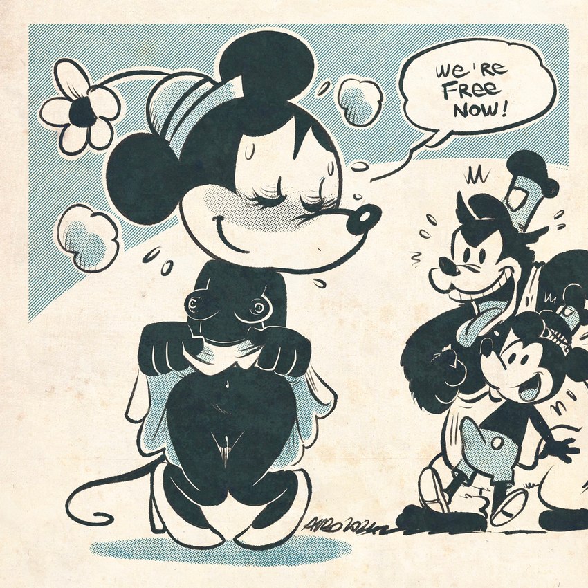 anthro blush bottomwear breasts clothed clothing erection female footwear genitals group hat headgear headwear high_heels male male/female nipples partially_clothed pose presenting pussy shoes skirt standing surprised_expression tongue tongue_out vintage wide_hips albo disney entering_public_domain steamboat_willie mickey_mouse minnie_mouse pete_(disney) canid mammal mouse murid murine rodent 1:1 hi_res monochrome