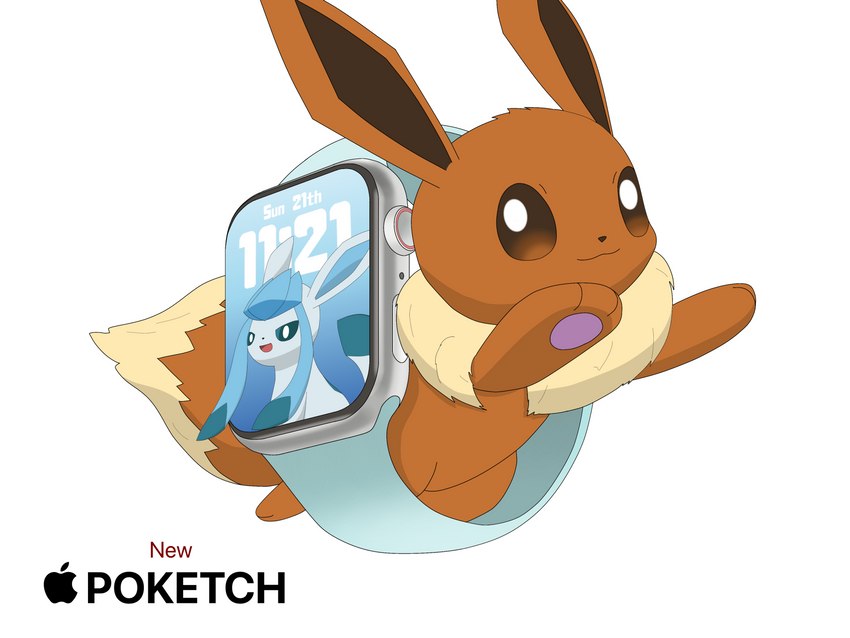 ambiguous_gender blue_body blue_eyes blue_fur brown_body brown_eyes brown_fur duo feral fur logo simple_background text white_background apple_inc. apple_watch nintendo pokemon eevee eeveelution generation_1_pokemon generation_4_pokemon glaceon pokemon_(species) absurd_res english_text hi_res