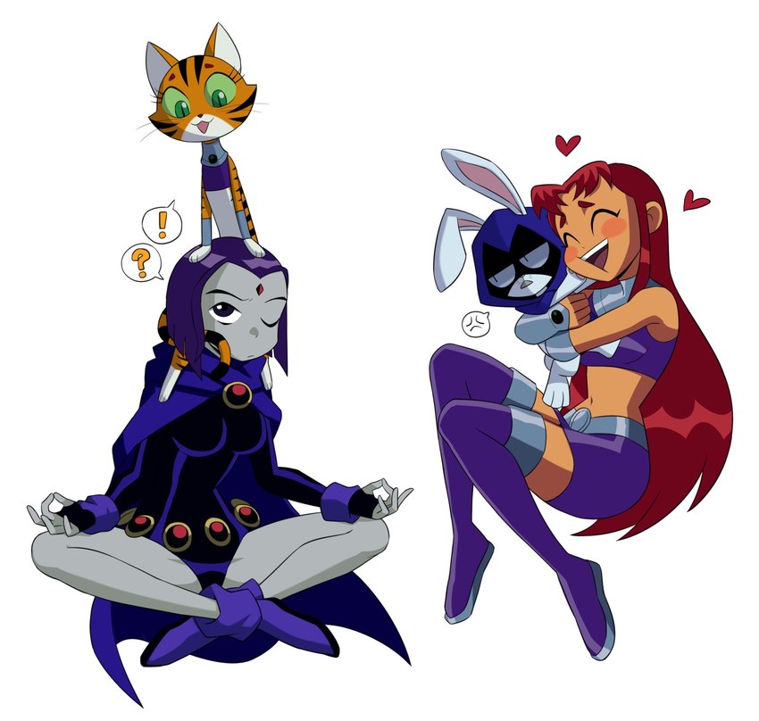 anthro breasts carrying_another clothing crossed_legs crosslegged_pose duo exclamation_point eyebrows eyelashes female hair heart_symbol hug leotard meditation midriff on_head question_mark simple_background white_background flowerpigeon73 cartoon_network dc_comics teen_titans teen_titans_(television_series) bunny_raven cat_starfire raven_(dc) starfire_(teen_titans) domestic_cat felid feline felis human lagomorph leporid mammal rabbit tamaranean 2021 hi_res