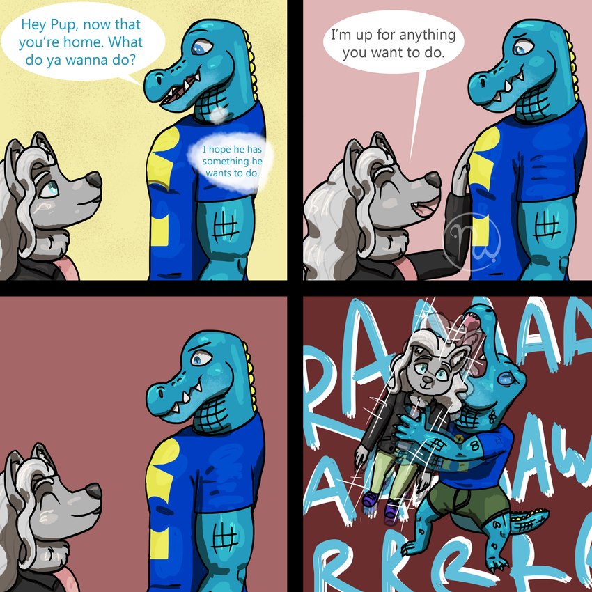 3_toes 4_fingers 4_panel_comic anthro asking asking_another barefoot black_clothing black_jacket black_topwear blue_body blue_claws blue_clothing blue_eyes blue_footwear blue_scales blue_shirt blue_shoes blue_t-shirt blue_tail blue_topwear bottomwear boxers_(clothing) bulging_neck claws closed_smile clothed clothed_anthro clothed_male clothing dialogue duo eye_contact eyebrows fangs feet finger_claws fingers footwear fur furrowed_brow green_bottomwear green_boxers green_clothing green_pants green_underwear grey_body grey_claws grey_fur grey_lips grey_nose hair hand_on_pecs happy inner_ear_fluff jacket jiggy larger_anthro larger_male light lips logo long_hair looking_at_another looking_at_partner looking_at_viewer male male/male male_anthro membrane_(anatomy) motion_lines mouth_closed multicolored_body multicolored_scales muscular muscular_anthro muscular_male neck_tuft open_mouth open_smile pants pink_clothing pink_shirt pink_tongue pink_topwear pupils question roaring scales scutes shaking shirt shoes side_view simple_background size_difference slit_pupils smaller_anthro smaller_male smile smiling_at_viewer standing t-shirt tail talking_to_another talking_to_partner teeth text thick_bottom_lip thick_thighs toe_claws toes tongue topwear tuft two_tone_body two_tone_scales two_tone_tail underwear wavy_hair webbed_feet webbed_hands white_eyebrows white_hair white_inner_ear_fluff yellow_scutes skywater banjo-kazooie rareware azrael_(tertia) nathile_tiduna alligatorid azurlligator canid canine canis crocodilian mammal reptile scalie wolf 2024 absurd_res artist_logo comic digital_media_(artwork) english_description english_text hi_res lighting shaded simple_shading