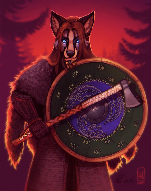 anthro armor axe beard chainmail facial_hair fantasy fur hair long_hair looking_at_viewer male medieval melee_weapon shield simple_background solo sunset viking warrior weapon danogambler lilaira canid canine fox mammal artist_collaboration digital_media_(artwork) hi_res