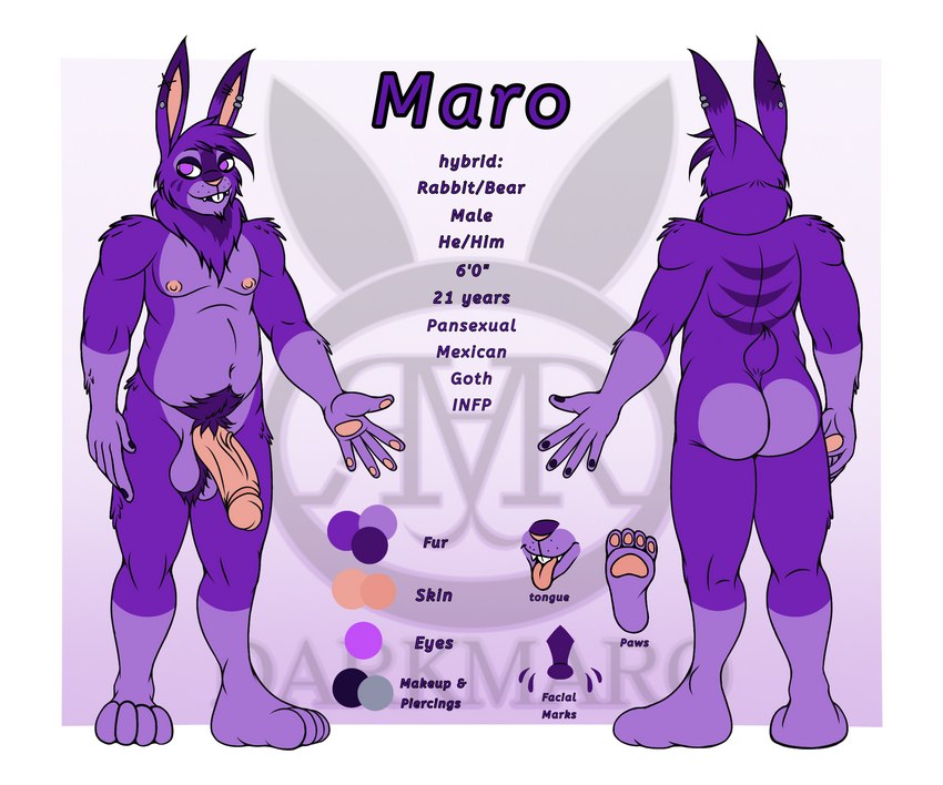 anthro balls butt fur genitals hair looking_at_viewer male nipples nude penis purple_body purple_eyes purple_fur simple_background smile solo standing text tongue darkmaro_(artist) maro_(darkmaro) bear hybrid lagomorph leporid mammal rabbit 6:5 digital_media_(artwork) english_text hi_res model_sheet