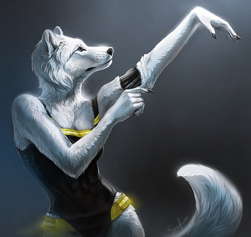 anthro belt biped black_claws black_clothing black_nose blue_eyes cheek_tuft claws clothed clothing detailed_fur exposed_endoskeleton facial_tuft female finger_claws front_view fully_clothed fur glint gradient_background grey_background inner_ear_fluff leotard light looking_aside machine pose raised_hand simple_background solo tuft utility_belt whiskers white_body white_fur safiru ylva_(butterfly-dragon) animatronic canid canine canis mammal robot wolf 2021 detailed digital_media_(artwork) digital_painting_(artwork) half-length_portrait lighting portrait shaded signature soft_shading