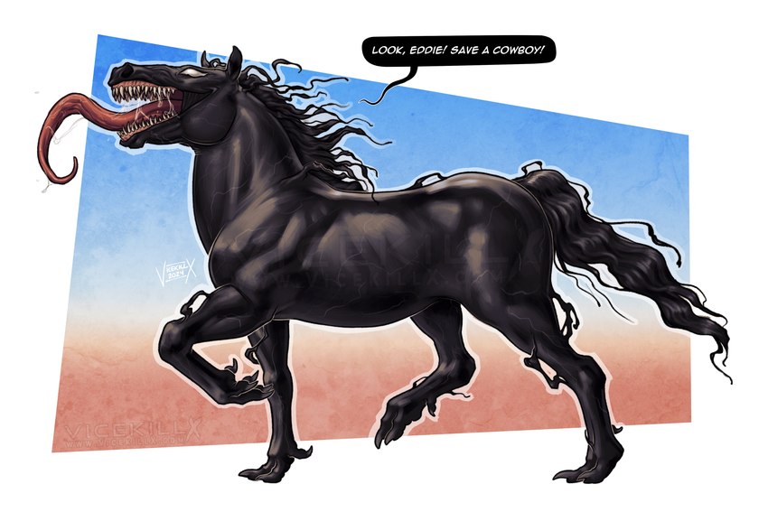 bodily_fluids claws dialogue empty_eyes feral long_tongue male quadruped saliva sharp_teeth solo speech_bubble teeth tendrils text toe_claws tongue tongue_out vicekillx marvel horse_venom venom_(marvel) alien equid equine horse mammal symbiote 3:2 digital_media_(artwork) english_text hi_res