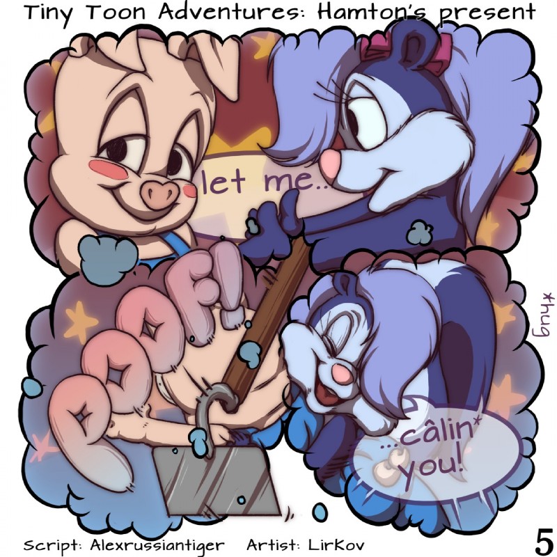 detailed_background duo fantasy female hoe male text tools lirkov tiny_toon_adventures warner_brothers fifi_la_fume hamton_j._pig domestic_pig mammal mephitid skunk suid suine sus_(pig) 1:1 2018 comic digital_media_(artwork) english_text hi_res