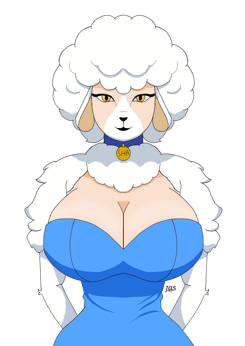 accessory anthro big_breasts blush breasts clothed clothing collar dress female fur hair happy huge_breasts looking_at_viewer mature_anthro mature_female open_mouth simple_background smile solo thick_thighs topwear white_background white_body white_fur wool_(fur) anuvisur_(artist) the_walten_files sha_(twf) bovid caprine mammal sheep absurd_res digital_media_(artwork) hi_res