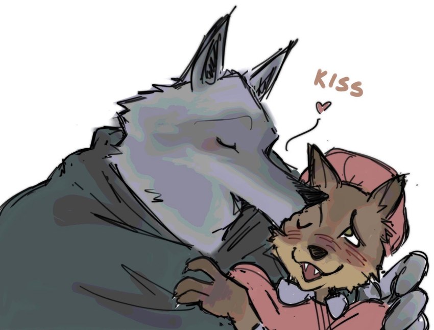 affectionate anthro blush brown_body brown_fur clothing duo eyes_closed fur fuzzy grey_body grey_fur hand_on_shoulder hat headgear headwear heart_symbol intraspecies kissing kissing_cheek love male male/male night_cap nightcap nightgown one_eye_closed open_mouth poncho simple_background size_difference smile white_background genosuh dreamworks puss_in_boots_(franchise) big_bad_wolf_(shrek) death_(puss_in_boots) canid canine canis mammal wolf