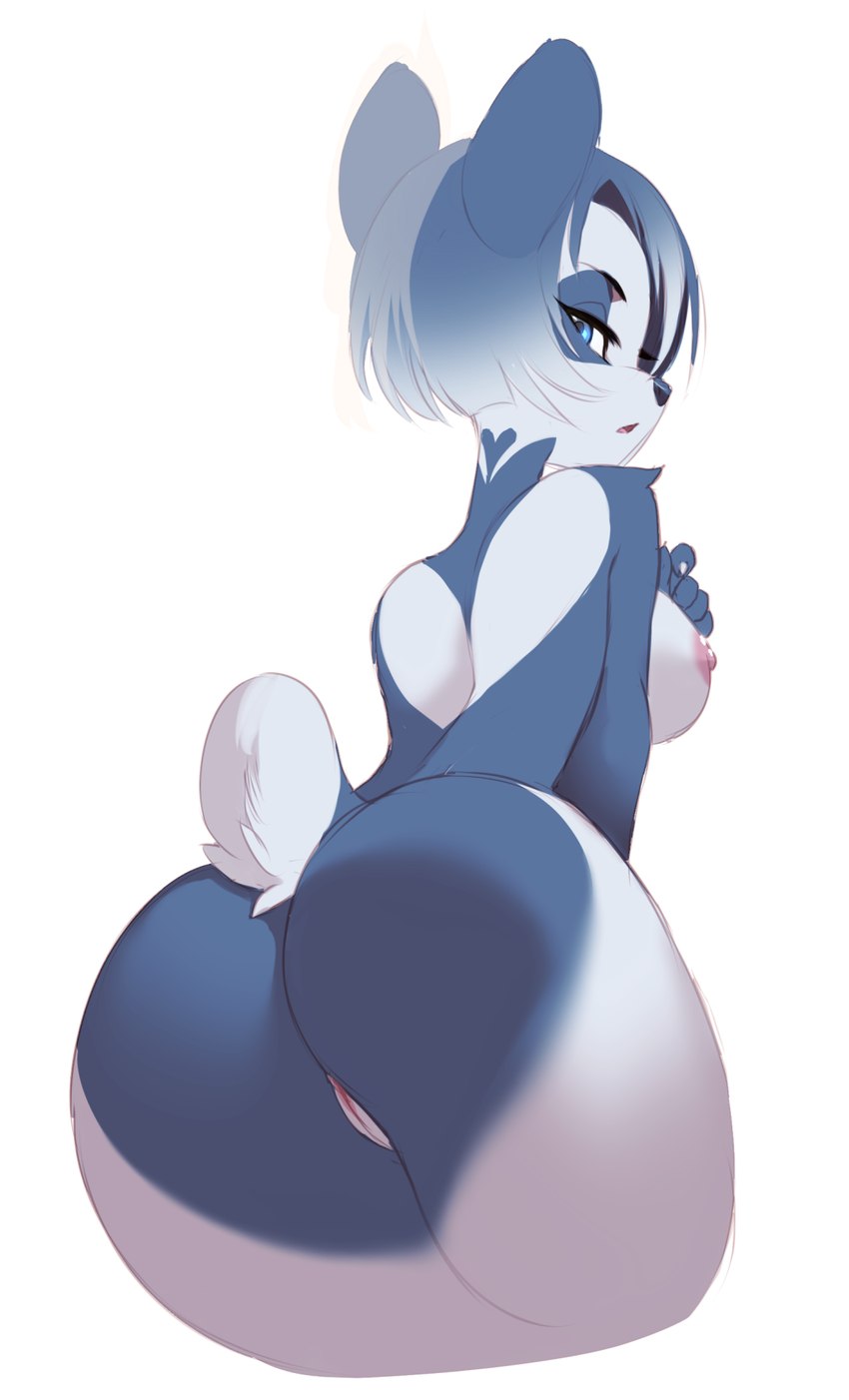 anthro blue_eyes blue_hair breasts butt butt_heart female genitals hair hand_on_breast heart_symbol looking_at_viewer looking_back nipples nude open_mouth pussy rear_view short_hair side_boob simple_background solo white_background kanel delphi bear giant_panda mammal 2016 hi_res portrait three-quarter_portrait