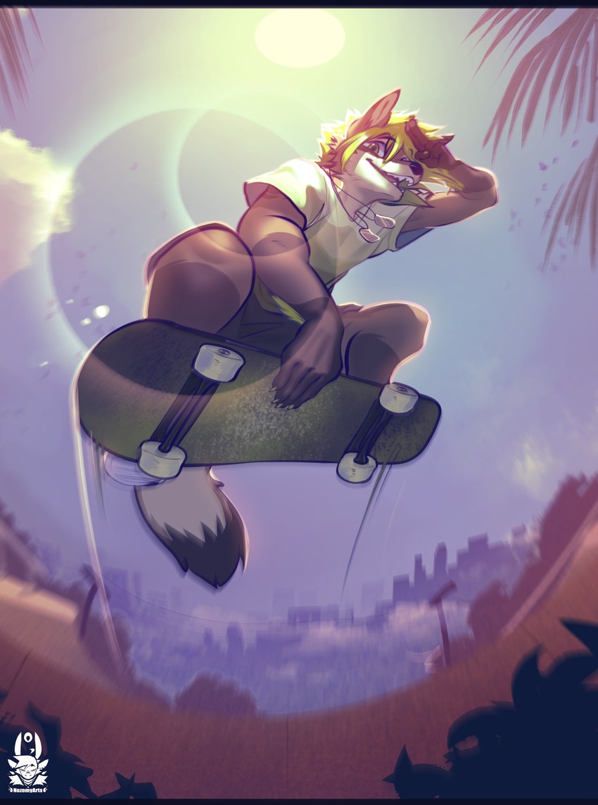 anthro bottomwear clothed clothing dog_tags green_hair hair holding_object lens_flare male shirt shorts skate_park skateboard skateboard_trick skateboarding solo t-shirt tail topwear vehicle nozomyarts jayden_(nilsding) canid canine canis coyote mammal 2024 absurd_res hi_res