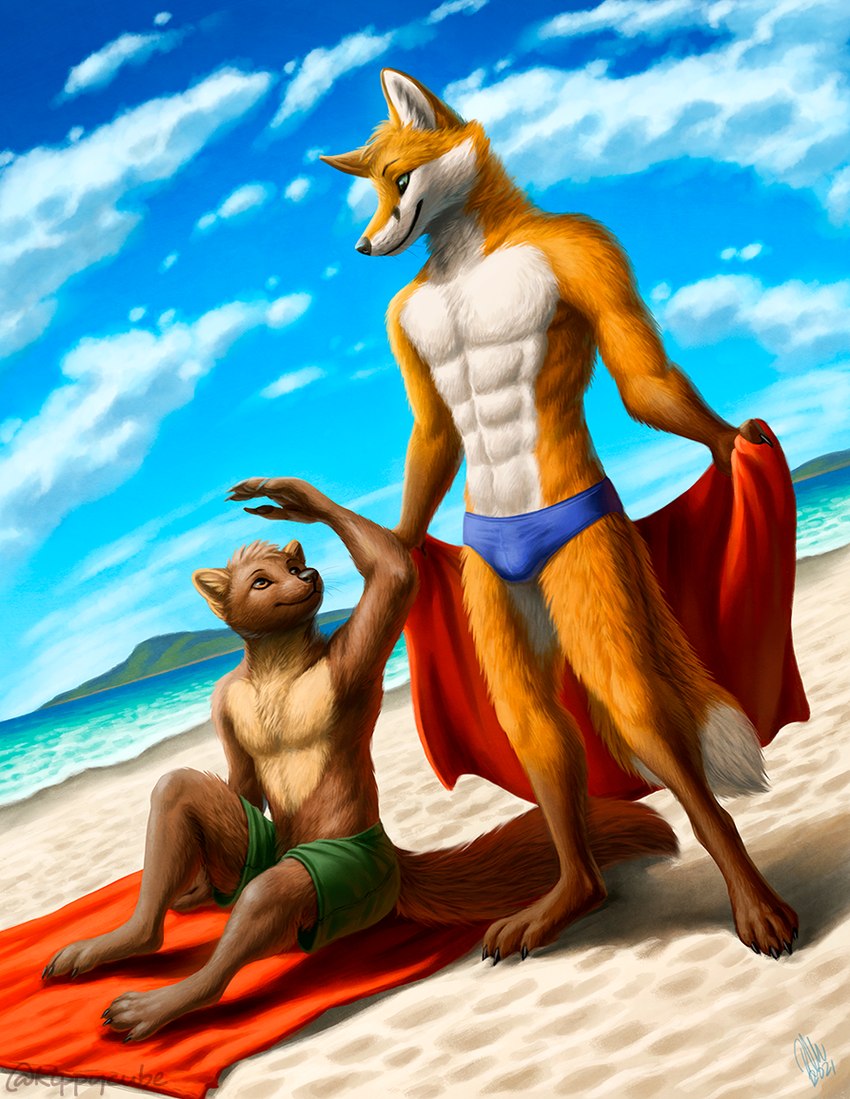 anthro athletic athletic_anthro athletic_male barefoot beach brown_body brown_fur bulge claws clothed clothing detailed_background duo eye_contact feet fluffy fluffy_tail fur looking_at_another male male/male orange_body orange_fur plantigrade sitting smile standing tail topless towl underwear underwear_only water whiskers kippycube canid canine fox gulonine mammal marten mustelid musteline pine_marten 2021 digital_media_(artwork)