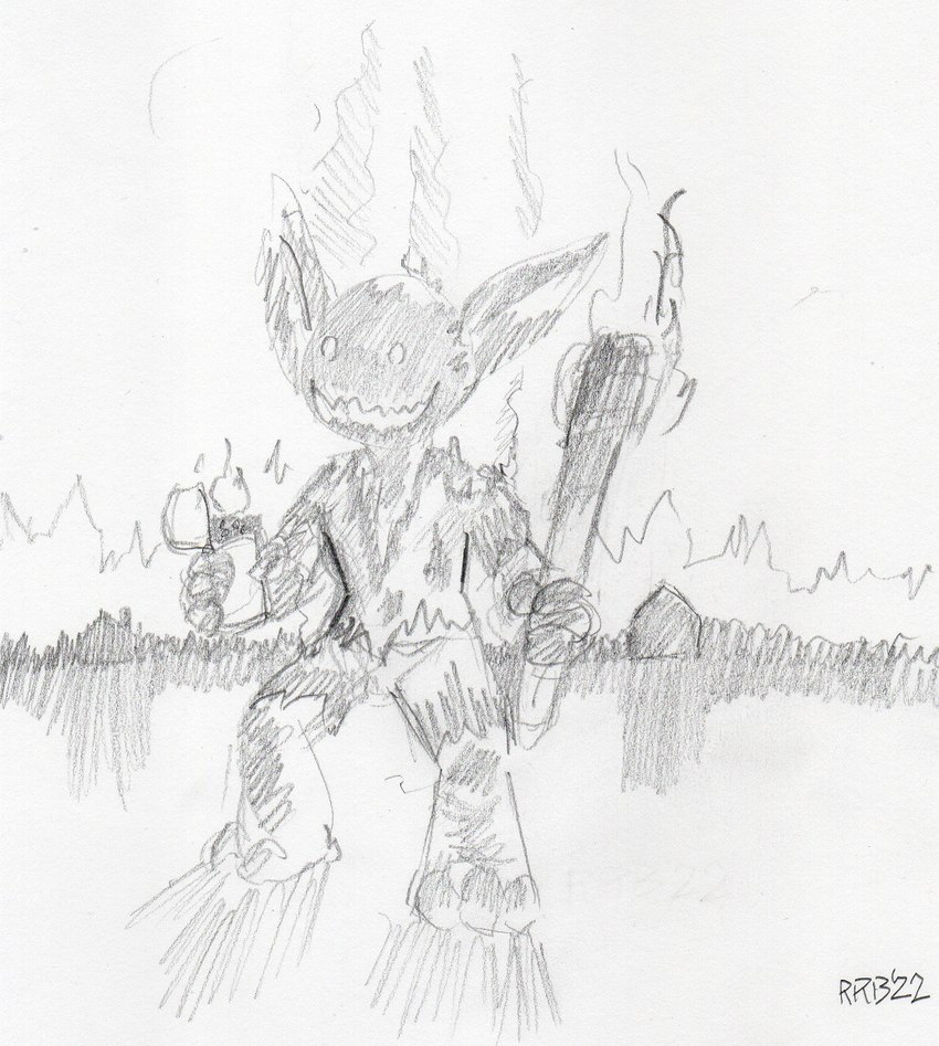 charred fire smile run_rabbit_bounce gobtober gobtober_2022 goblin humanoid artist_name dated monochrome