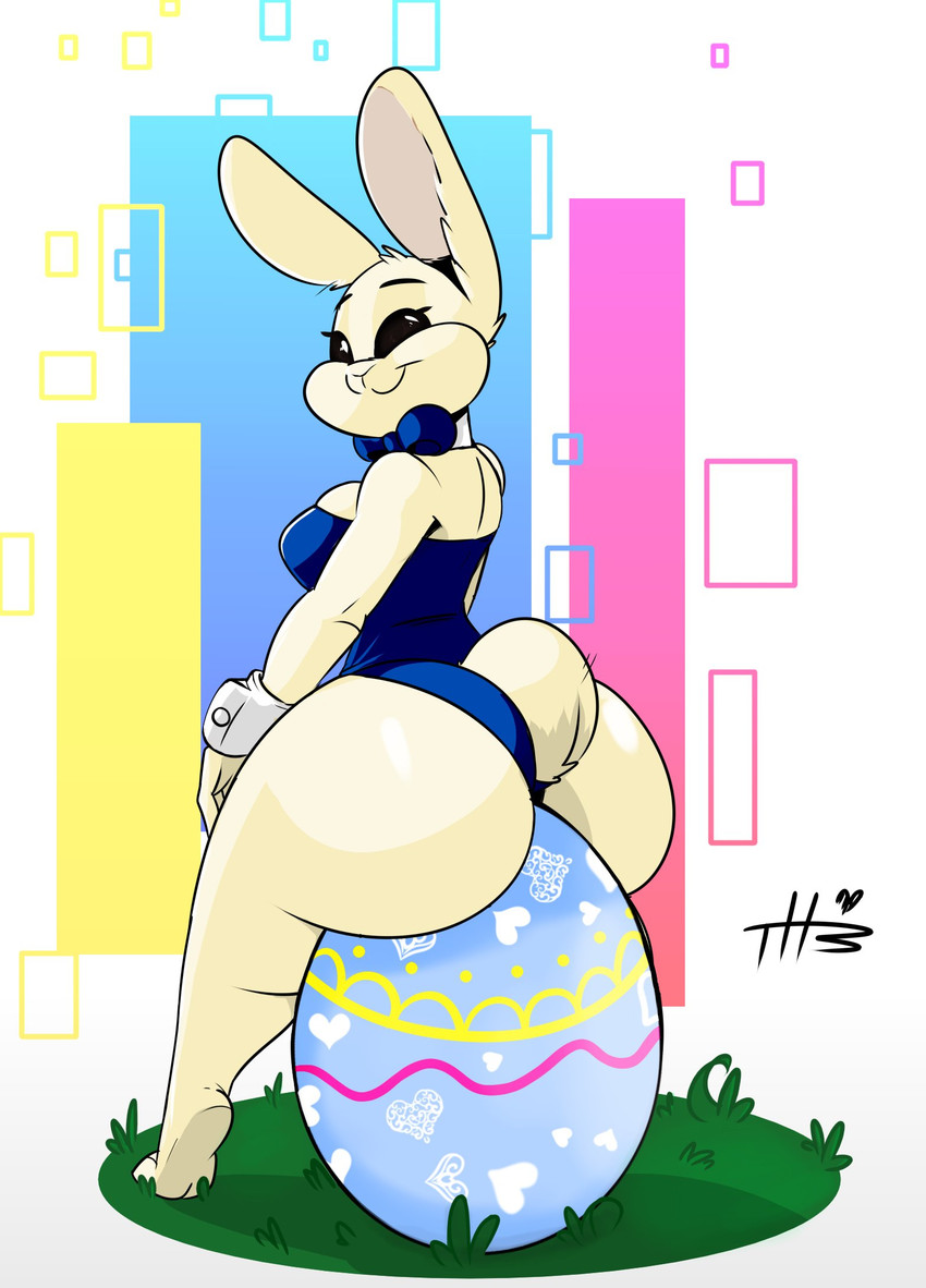 anthro big_breasts big_butt black_eyes blue_clothing breasts bunny_costume butt clothing costume cuffs_(clothing) easter_egg female fur holidays huge_butt huge_egg looking_at_viewer looking_back necktie playboy_bunny rear_view side_boob sitting_on_egg solo white_body white_fur thehoneybutter beastars easter haru_(beastars) domestic_rabbit dwarf_rabbit lagomorph leporid mammal oryctolagus rabbit hi_res