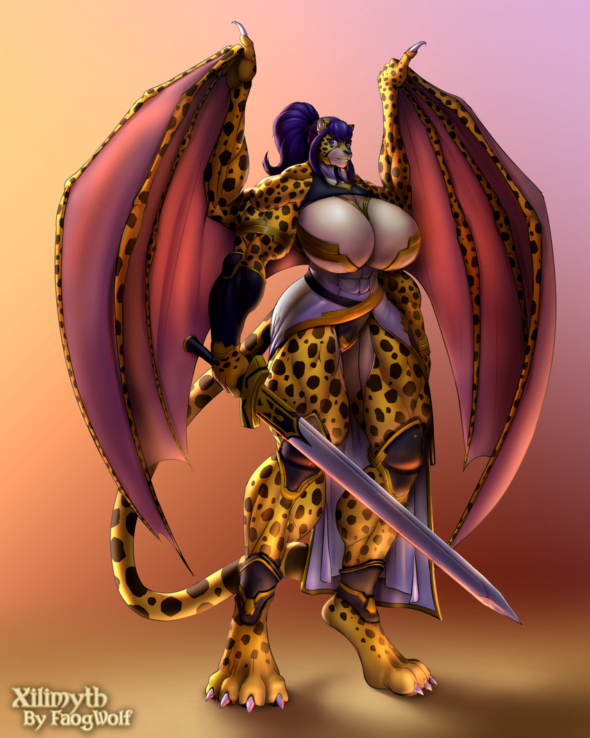 abs anthro armor arthurian_lore big_breasts big_muscles bikini_armor breasts cleavage clothed clothing female fur huge_breasts huge_muscles huge_thighs inner_ear_fluff markings melee_weapon membrane_(anatomy) membranous_wings muscular muscular_anthro muscular_female muscular_thighs pose solo spots spotted_markings standing sword thick_thighs tight_clothing tuft unconvincing_armor weapon wings agonwolfe xilimyth cheetah felid feline mammal 4:5 hi_res