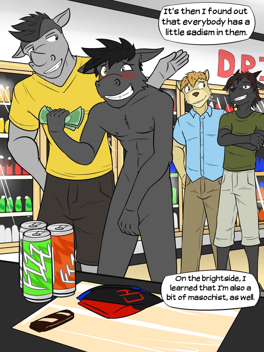 anthro beverage_can blush bottomwear buying candy cheek_tuft chest_tuft chips_(food) chocolate chocolate_bar clothed clothed/nude clothed_male clothing collarbone covering covering_crotch crotch_lines dessert dialogue embarrassed facial_tuft fingers food fully_clothed group hair holding_money holding_object hover_hand humiliation inside male money navel nipples nude only_one_nude pants public public_humiliation public_nudity shirt shopping shorts speech_bubble store t-shirt text topwear tuft v-cut ventral_groove fuze texnatsu connor_(texnatsu) kenta_yamashita lorenzo_(texnatsu) roland_(texnatsu) bat bear bovid caprine mammal rhinoceros 3:4 comic english_text hi_res