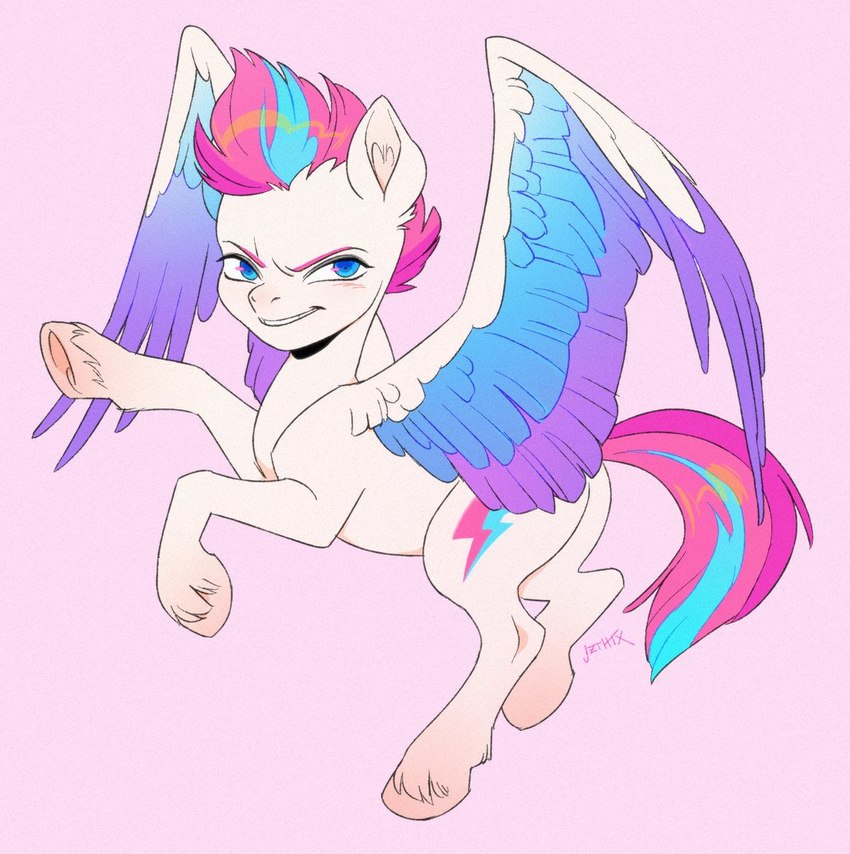 blue_body blue_eyes blue_feathers butt cutie_mark feathered_wings feathers female feral fetlocks fur hair hooves inner_ear_fluff leg_tuft multicolored_body multicolored_feathers multicolored_hair multicolored_wings pink_background pink_hair pink_tail purple_body purple_feathers simple_background solo tail tuft two_tone_hair two_tone_tail underhoof white_body white_fur white_hooves wings jzbthx hasbro mlp_g5 my_little_pony mythology zipp_storm_(mlp) equid equine mammal mythological_creature mythological_equine pegasus digital_media_(artwork) hi_res signature