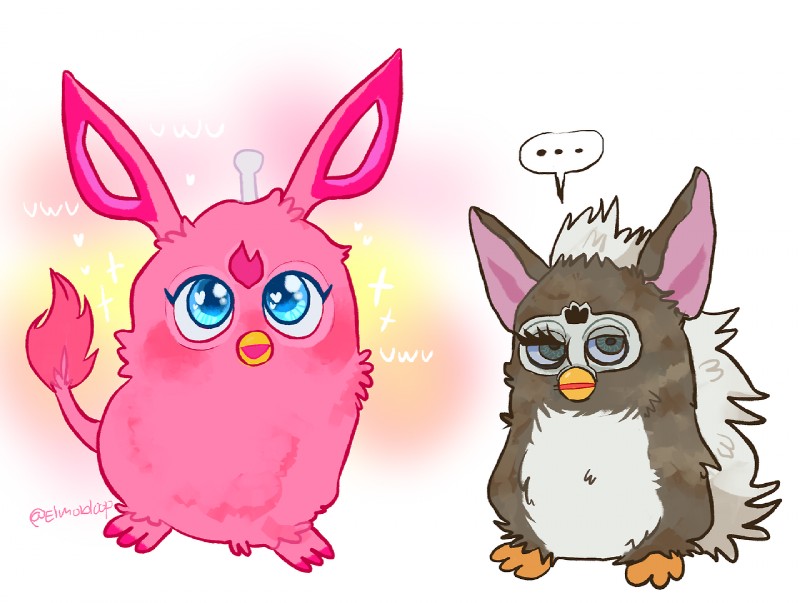 beak blue_eyes brown_body brown_fur duo ellipsis fur green_eyes pink_body pink_fur sparkles tinitoybox furby furby_connect avian furby_(species)