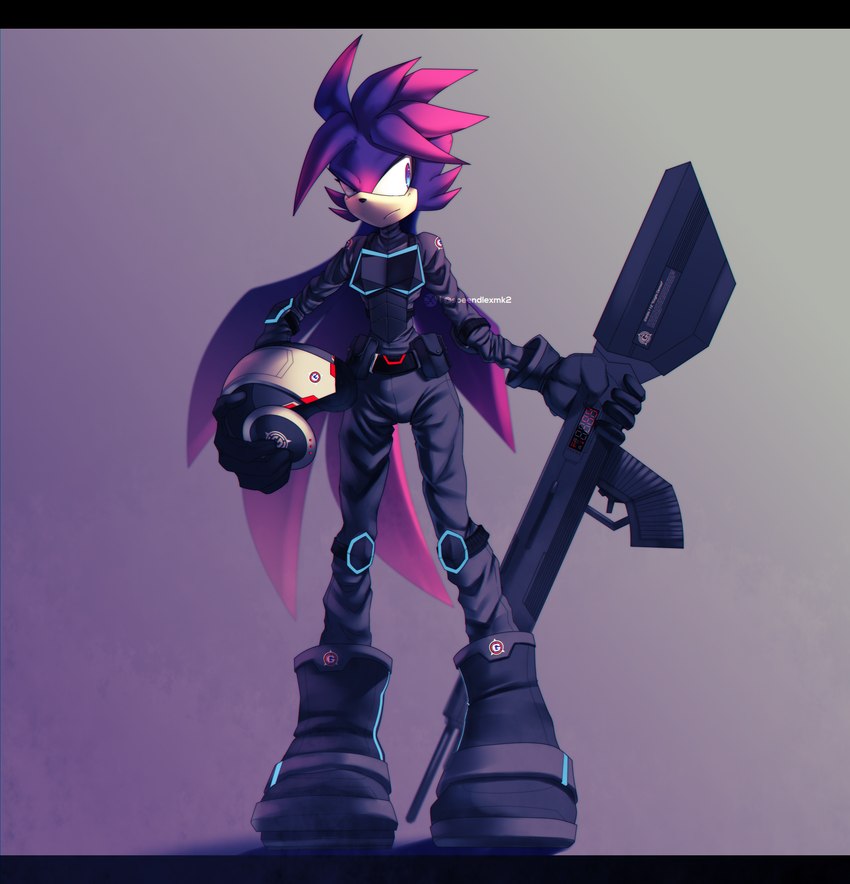 anthro armor boots clothing female footwear gun hair headgear helmet holding_armor holding_gun holding_headgear holding_helmet holding_object holding_ranged_weapon holding_weapon looking_aside multicolored_eyes purple_body ranged_weapon shoes solo tied_hair uniform weapon speendlexmk2 sega sonic_the_hedgehog_(series) fan_character speen_(character) alien absurd_res hi_res