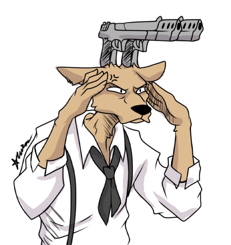 angry anthro black_nose brown_body brown_fur clothed clothing desert_eagle eyes_closed fur gun handgun humor male necktie parody pistol ranged_weapon shirt simple_background solo topwear weapon white_background azura_inalis beastars deeeer_simulator louis_(beastars) cervine deer mammal red_deer 2019 signature sketch