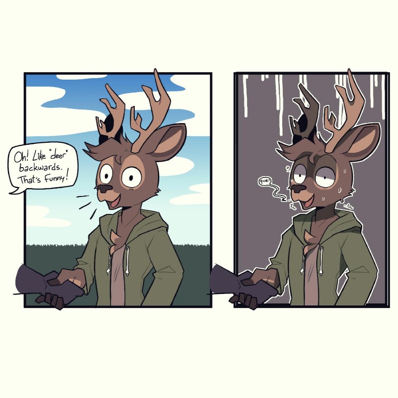 anthro antlers bodily_fluids brown_body brown_fur cheek_tuft clothed clothing cloud dialogue disembodied_hand duo exclamation_point facial_tuft fur head_tuft hoodie horn open_mouth outside sky speech_bubble sweat sweatdrop text topwear tuft osmoru deer mammal 1:1 2019 comic english_text hi_res