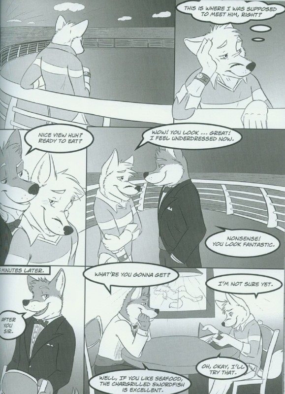 anthro boat dialogue duo male tail text vehicle watercraft fluke motion_of_the_ocean elliot_(fluke) ryan_(fluke) canid canine mammal comic english_text greyscale hi_res monochrome