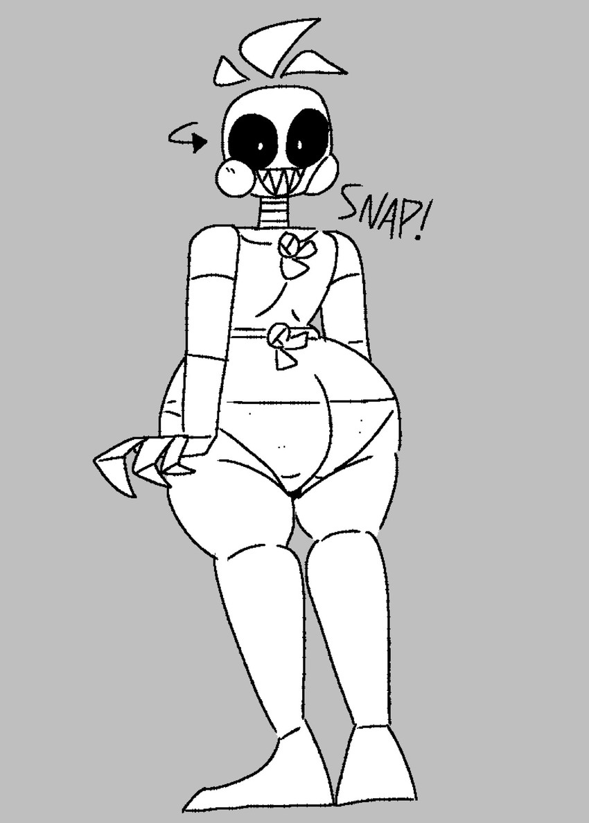 anthro beakless bib big_butt black_sclera blush blush_stickers butt clothing exclamation_point female floating_hair head_turn knot machine onomatopoeia panties sharp_teeth smile solo sound_effects teeth text underwear wide_hips qoolbunart five_nights_at_freddy's five_nights_at_freddy's_2 scottgames toy_chica_(fnaf) animatronic avian bird chicken galliform gallus_(genus) phasianid robot 2020 digital_media_(artwork) english_text full-length_portrait greyscale hi_res monochrome portrait