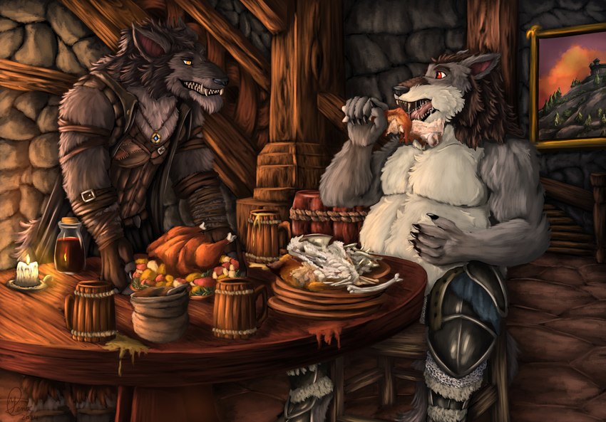 alcohol anthro armor barrel beer_belly belly belt beverage bodily_fluids bone bottle bowl candle cheek_bulge chicken_meat cloak clothing container cup cutlery dishes drooling duo eating eating_food encouragement feeding food full_stomach fur gauntlets gloves grey_body grey_fur handwear homebrew jewelry kitchen_utensils leather leather_armor leg_armor male male/male mane meat mug overweight overweight_male paladin pendant plant plate potato red_eyes rogue saliva sitting spoon stairs standing stone_floor stone_wall stuffing tavern tools toothy_grin vegetable wall_(structure) warm_lighting wine wood yellow_eyes yenocwolf mythology garm_ahlgren ulrik_eklund canid canine mammal mauken mythological_canine mythological_creature werecanid werecanine werecreature werewolf absurd_res hi_res painting_(artwork)