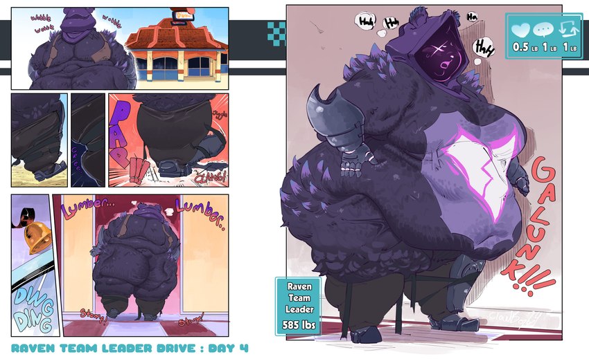 anthro armor bell belly big_belly big_breasts big_butt breasts breath butt clothing double_chin durr_burger female hand_on_belly looking_away morbidly_obese morbidly_obese_anthro morbidly_obese_female obese obese_anthro obese_female overweight overweight_anthro overweight_female panting ringing_bell scar solo thick_thighs walking wardrobe_malfunction weight_gain_drive wobbling cloudboyo epic_games fortnite raven_team_leader bear mammal absurd_res comic hi_res