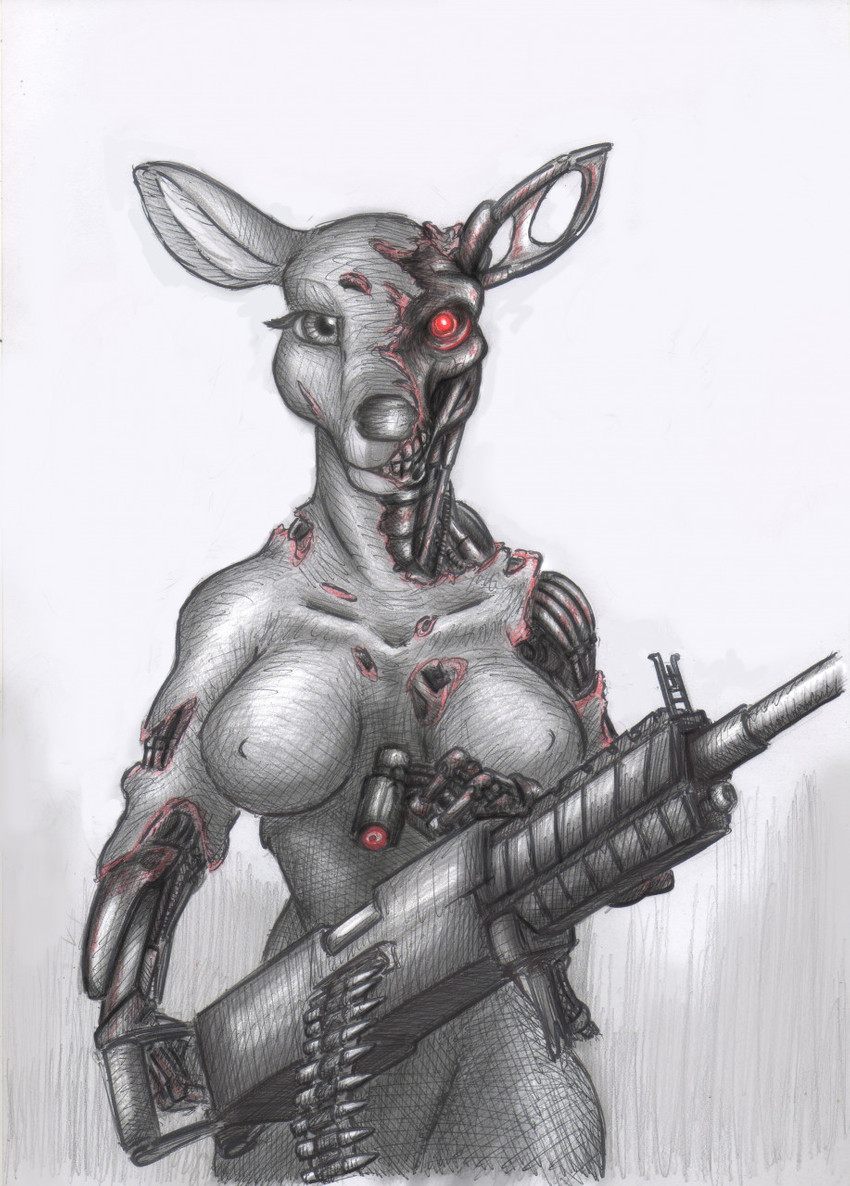 breasts cybernetic_face cybernetics damage exposed_endoskeleton female glowing glowing_eyes gun light_machine_gun looking_at_viewer m2_browning machine nipples notched_ear ranged_weapon red_eyes robotic_reveal solo weapon spiritalpha terminator_(franchise) android cyborg deer mammal robot t-800_series_(terminator) terminators_(terminator) 2020 hi_res