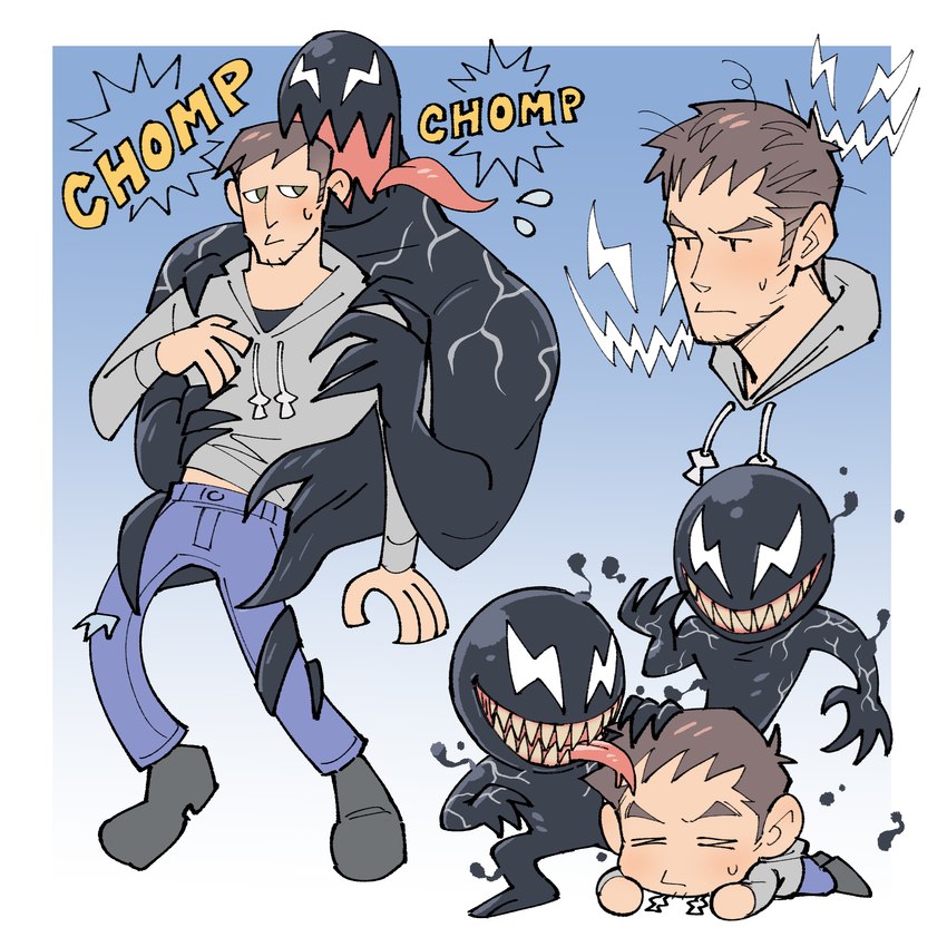 black_body bottomwear brown_hair chibi clothing duo empty_eyes footwear hair hoodie male not_furry pants sharp_teeth shoes smile sound_effects teeth tendrils text tongue tongue_out topwear kalamariboy marvel eddie_brock venom_(marvel) alien alien_humanoid human humanoid mammal symbiote 1:1 hi_res