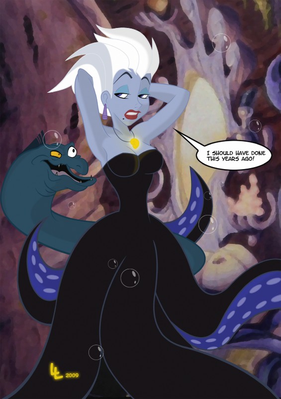 ambiguous_gender blue_eyes breasts bubble cleavage clothed clothing duo eyeshadow female green_body green_skin hair makeup purple_body purple_skin split_form text white_hair lltoon disney the_little_mermaid_(1989) floatsam_(disney) ursula_(disney) animal_humanoid cephalopod coleoid eel fish humanoid marine merfolk mollusk mollusk_humanoid octopodiform english_text hi_res