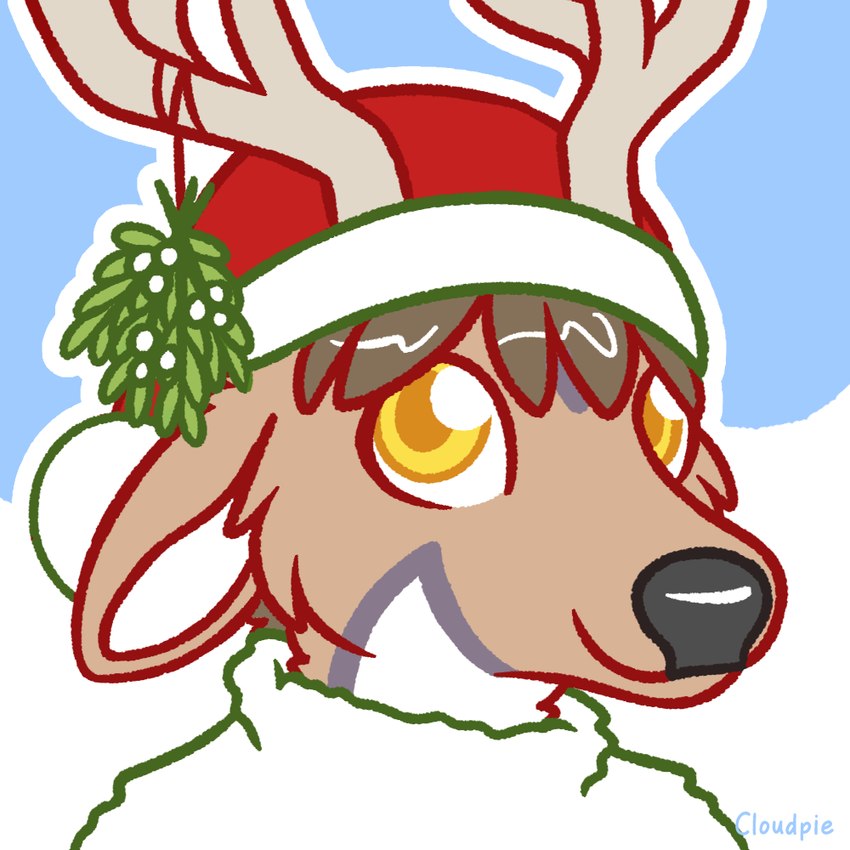 anthro antlers christmas_clothing christmas_headwear clothing ears_down fur grey_antlers grey_markings grey_nose hat headgear headwear holidays horn markings mistletoe mistletoe_on_antler pivoted_ears plant santa_hat smile sweater tan_body tan_fur topwear white_body white_clothing white_fur white_inner_ear white_sweater white_topwear yellow_eyes cloudpie conditional_dnp christmas deer mammal new_world_deer white-tailed_deer 1:1 2020 bust_portrait clip_studio_paint_(artwork) digital_drawing_(artwork) digital_media_(artwork) flat_colors icon portrait