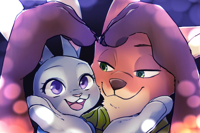 anthro buckteeth duo fur green_eyes grey_body grey_fur open_mouth open_smile orange_body orange_fur purple_eyes smile teeth chu_twst disney zootopia judy_hopps nick_wilde canid canine fox lagomorph leporid mammal rabbit red_fox true_fox 2021 hi_res