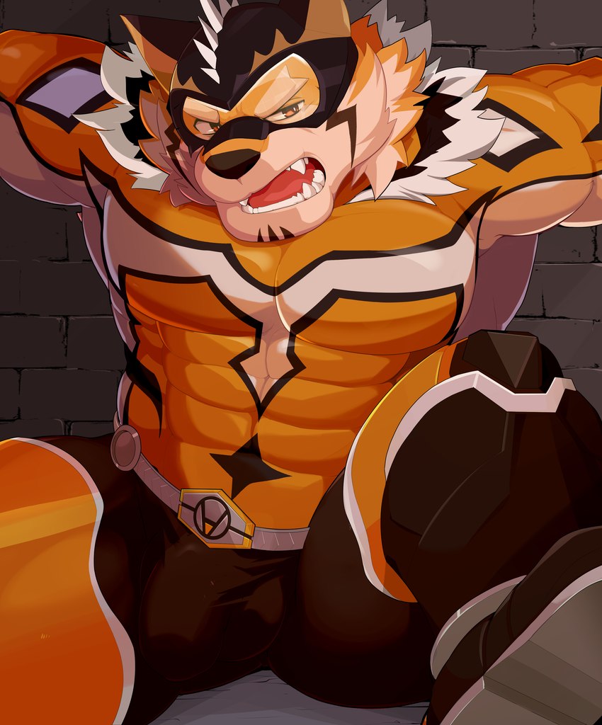 abs angry anthro bound bulge captured detailed_bulge eyebrows fur genital_outline male muscular muscular_anthro muscular_male orange_body orange_fur pecs penis_outline solo striped_body striped_fur stripes thick_eyebrows orangetaming lifewonders live_a_hero ryekie_(live_a_hero) felid mammal pantherine tiger absurd_res hi_res